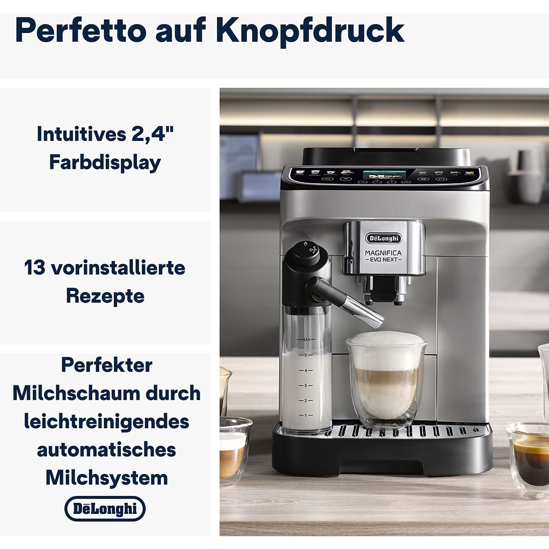 DELONGHI Magnifica Evo Next ECAM310.80.SB - 13 Rezepte, 3 Benutzerprofile, einfache Bedienung, Kaffeevollautomat Silber/Schwarz