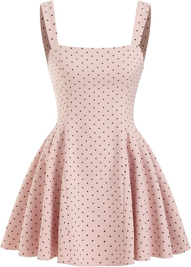 Women Polka Dot Mini Dress Cute Summer Date Night Square Neck Sleeveless